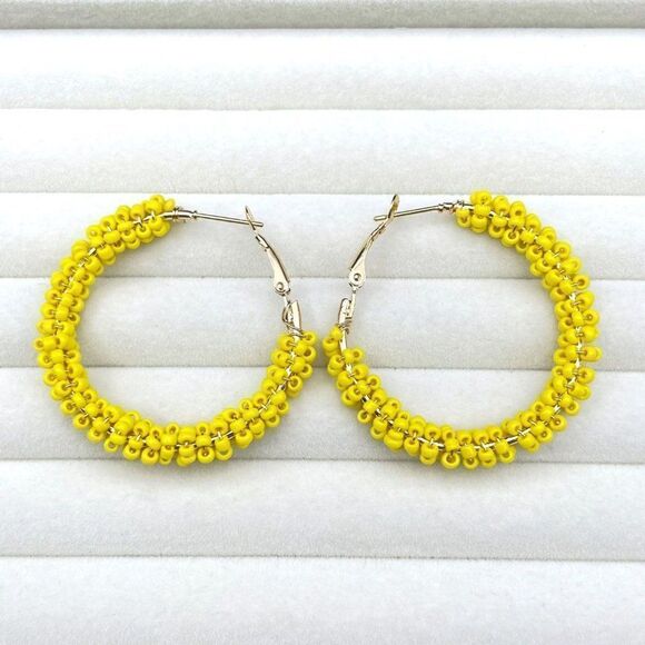 Yellow Gold Wire Wrapped Yellow Beaded Open Round Hinged Post Hoop Earrings - Picture 4 of 9